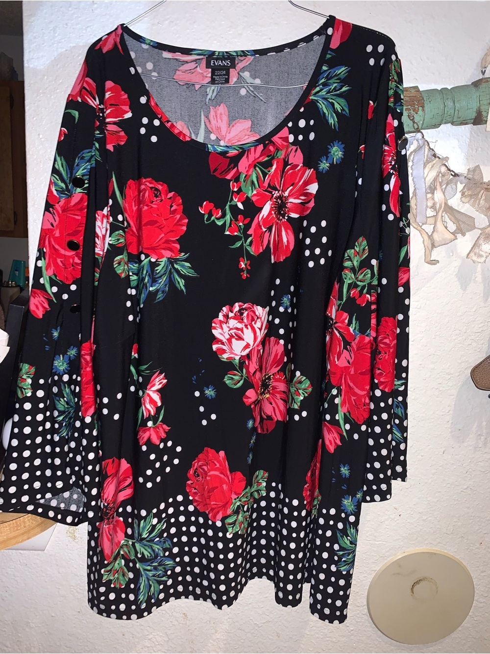 Evans Black Long-Sleeve Floral & Polka Dot Tunic Dress